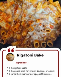 Delicious Rigatoni Bake topped with cheese and baked to perfection