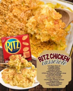 Delicious Ritz Chicken Casserole with a crispy topping and chicken filling