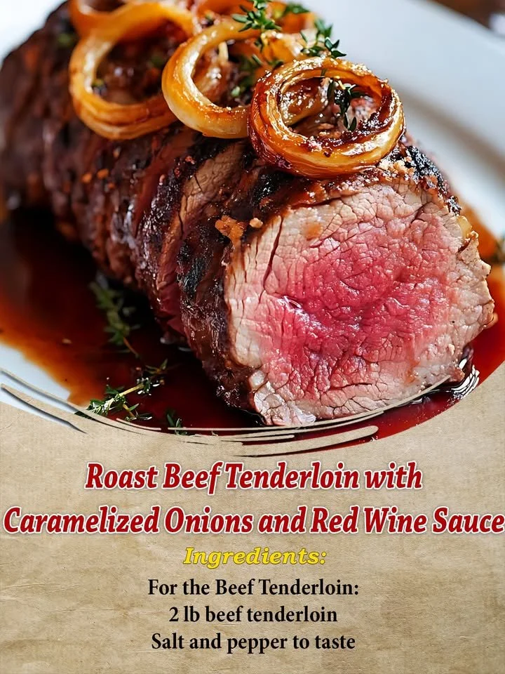 Roast beef tenderloin served with caramelized onions and rich red wine sauce