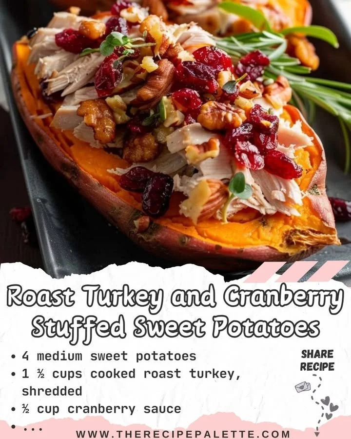 Roast turkey and cranberry stuffed sweet potatoes on a plate