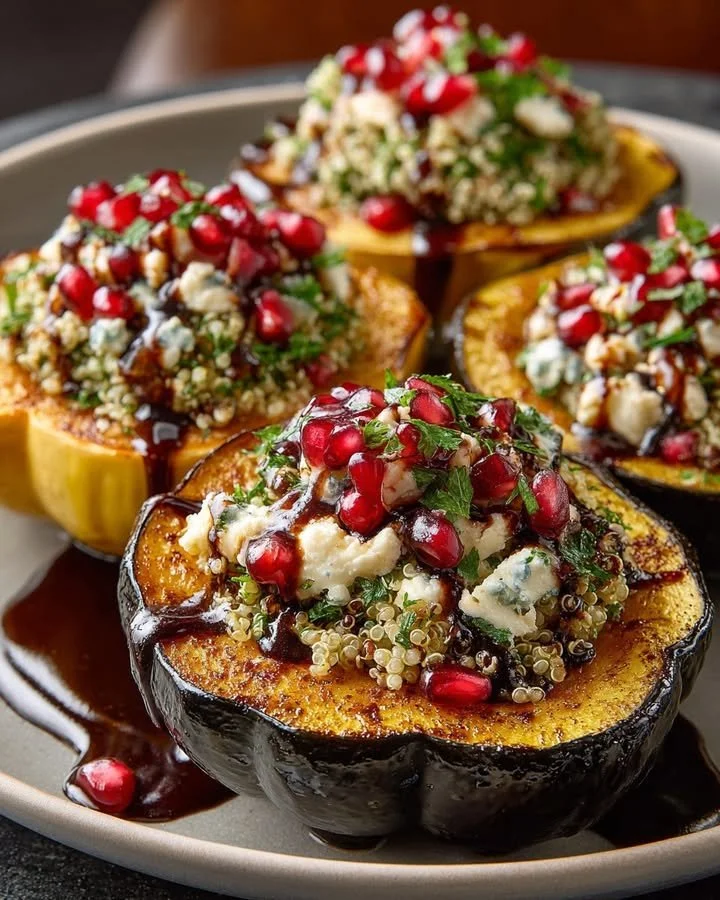Roasted acorn squash boats filled with herbed quinoa, goat cheese, and pomegranate-tahini drizzle