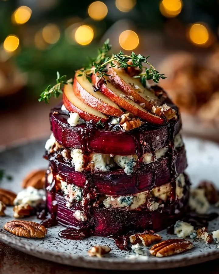 Roasted beet and blue cheese stacks drizzled with balsamic glaze