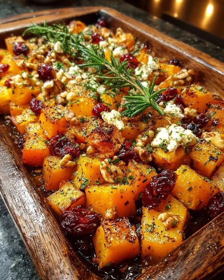 Roasted butternut squash with feta, walnuts, and cranberries on a plate