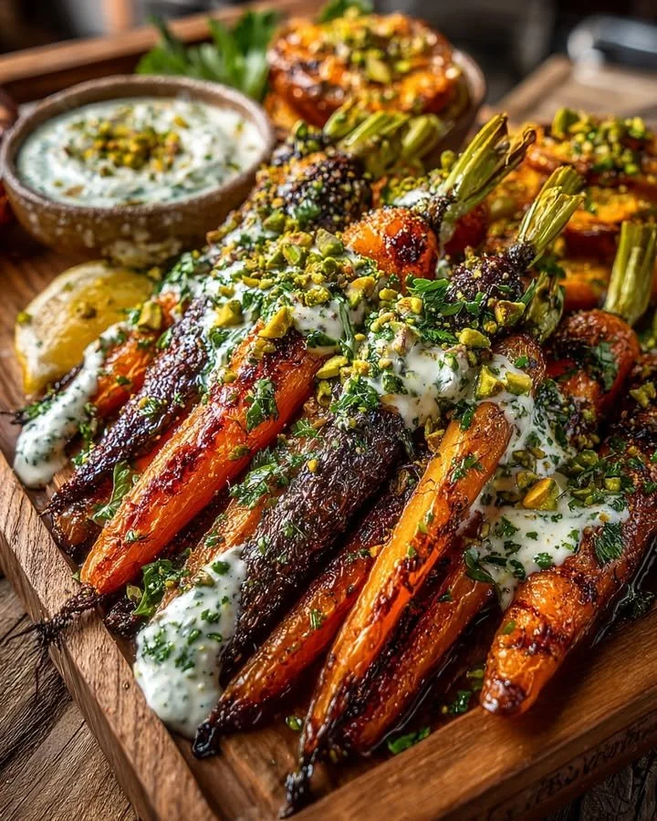 Roasted Carrot Board with Burrata, Garlic Yogurt Drizzle, and Pistachio Sprinkle