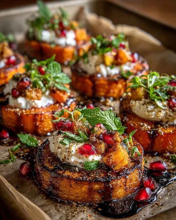 Roasted carrot rounds garnished with burrata cheese and pomegranate honey drizzle.