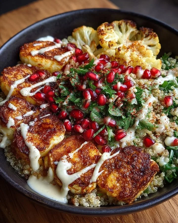 Roasted cauliflower bowl with halloumi, tahini-date dressing, and pomegranate seeds.