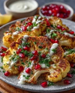 Plate of roasted cauliflower steaks with lemon-tahini sauce and pomegranate seeds