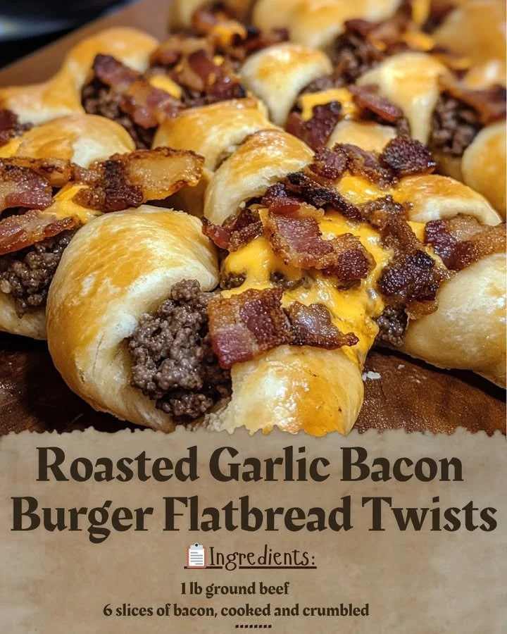 Roasted Garlic Bacon Burger Flatbread Twists served on a plate with herbs