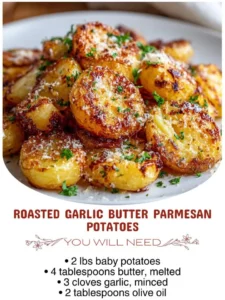Roasted garlic butter parmesan potatoes on a white plate