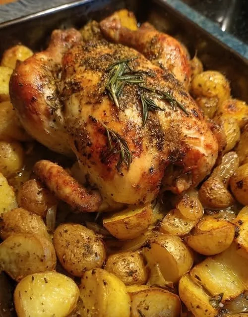 Delicious roasted garlic chicken served with crispy potatoes.