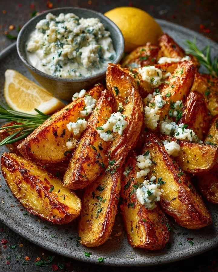 Roasted Garlic & Herb Potato Wedges with Blue Cheese Lemon Drizzle