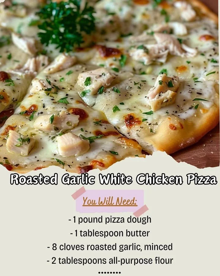 Roasted garlic white chicken pizza with fresh toppings and melted cheese