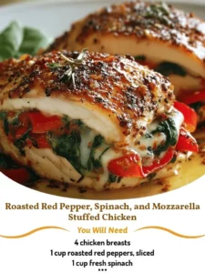 Roasted Red Pepper, Spinach, and Mozzarella Stuffed Chicken on a plate
