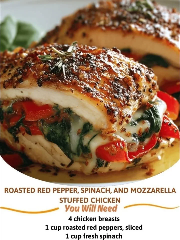 Roasted red pepper, spinach, and mozzarella stuffed chicken on a plate