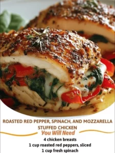 Roasted red pepper, spinach, and mozzarella stuffed chicken on a plate