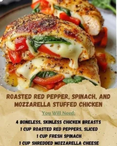 Roasted red pepper, spinach, and mozzarella stuffed chicken on a plate