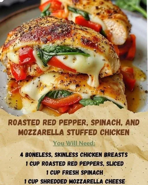 Roasted red pepper, spinach, and mozzarella stuffed chicken on a plate