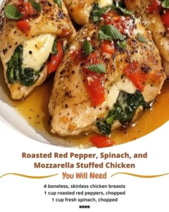 Roasted red pepper, spinach, and mozzarella stuffed chicken on a plate