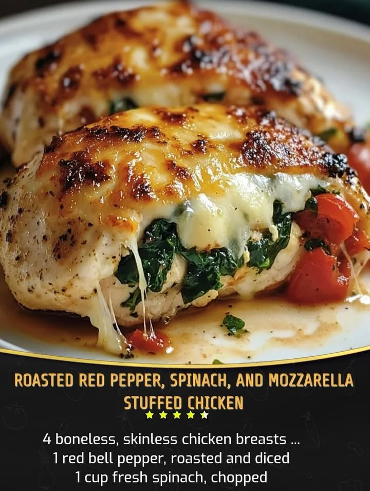Roasted red pepper, spinach, and mozzarella stuffed chicken breast on a plate