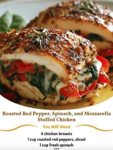 Roasted red pepper, spinach, and mozzarella stuffed chicken dish served on a plate