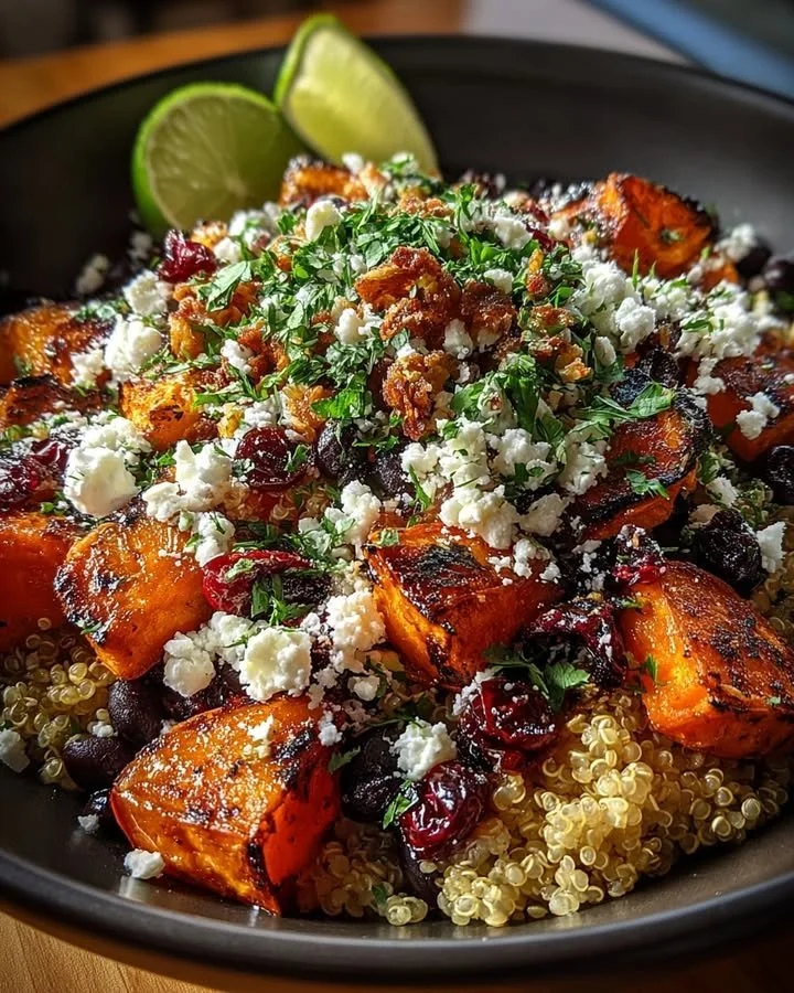 Roasted sweet potato black bean quinoa salad topped with feta and cranberries