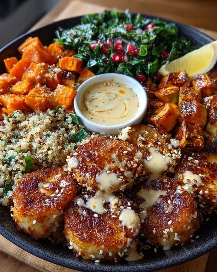 Roasted sweet potato quinoa bowl with tahini-miso dressing and crispy sesame halloumi