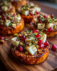 Roasted sweet potato rounds garnished with brie cheese for a festive holiday dish