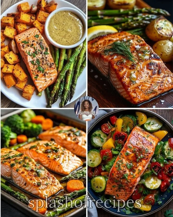Plate of roasted sweet potatoes served with baked salmon, showcasing a healthy meal.