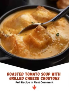 Delicious roasted tomato soup served with grilled cheese croutons