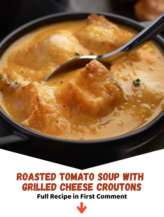 Delicious roasted tomato soup served with grilled cheese croutons