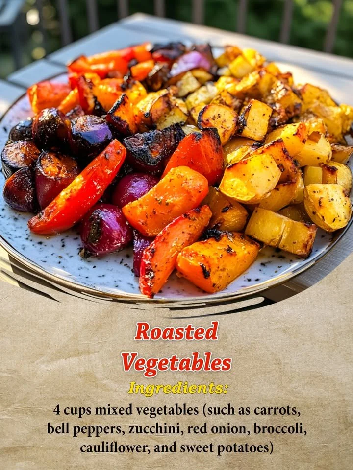 Tray of colorful roasted vegetables ready to serve.