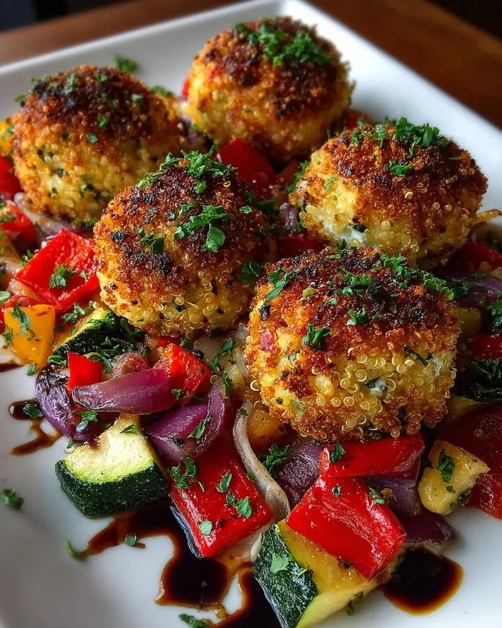 Roasted Veggie & Goat Cheese Stuffed Quinoa Bombs drizzled with honey-balsamic glaze