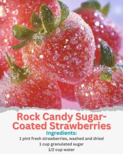 Rock candy sugar-coated strawberries on a plate, colorful and sweet treat.