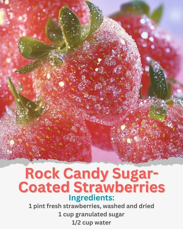 Rock candy sugar-coated strawberries on a plate, colorful and sweet treat.