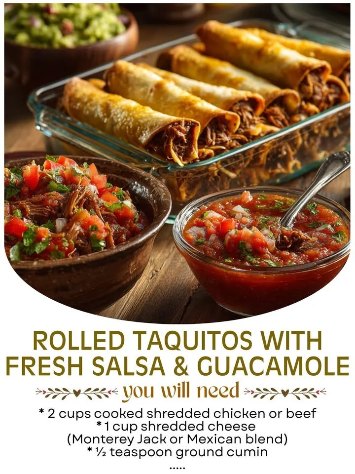 Plate of crispy rolled taquitos with fresh salsa and guacamole