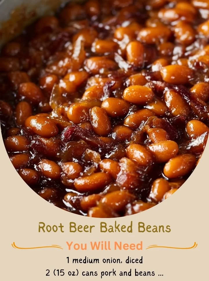 A bowl of flavorful root beer baked beans garnished with herbs.