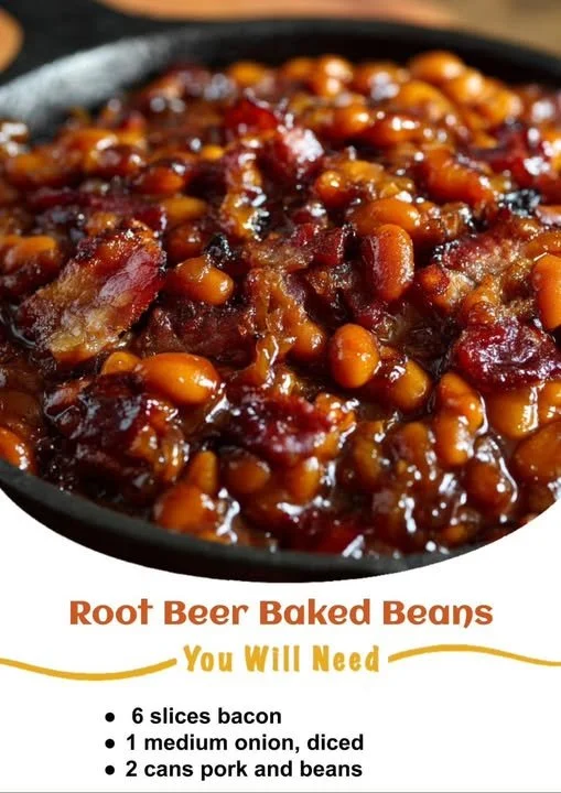 A bowl of Root Beer Baked Beans garnished with herbs and served warm.