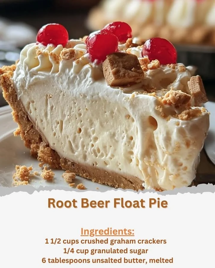 Slice of creamy Root Beer Float Pie with ice cream on top and root beer flavor