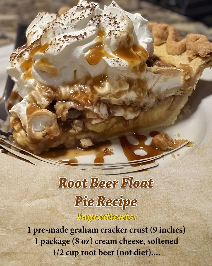 Delicious Root Beer Float Pie topped with ice cream and root beer drizzle