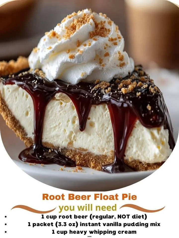Delicious root beer float pie topped with whipped cream and root beer