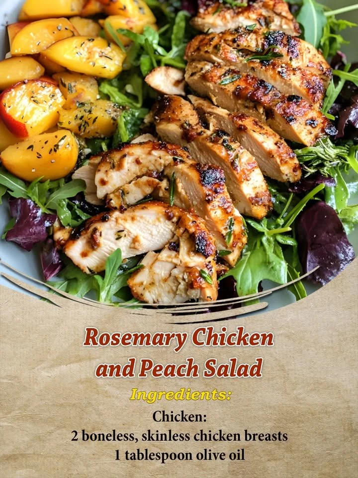 Rosemary chicken served in a fresh peach salad with vibrant greens.