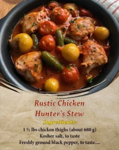 A bowl of rustic chicken hunter's stew with fresh vegetables and herbs.