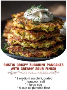 Rustic crispy zucchini pancakes with creamy sour finish served on a plate