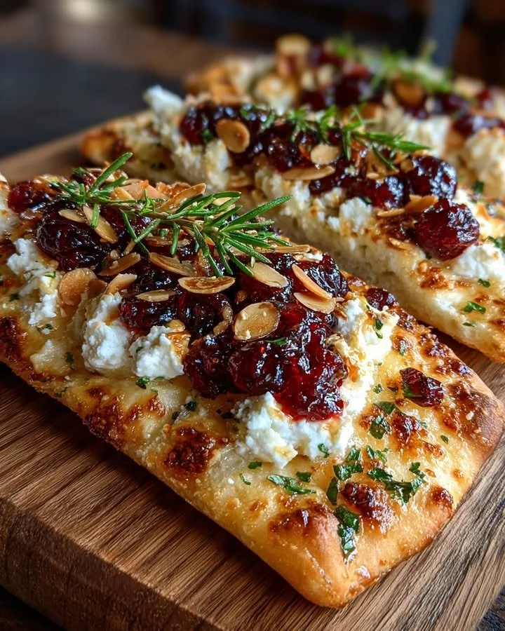 Rustic Flatbread with Goat Cheese, Cranberry Drizzle & Almond Crunch