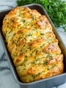 Loaf of rustic no-knead rosemary garlic bread garnished with herbs