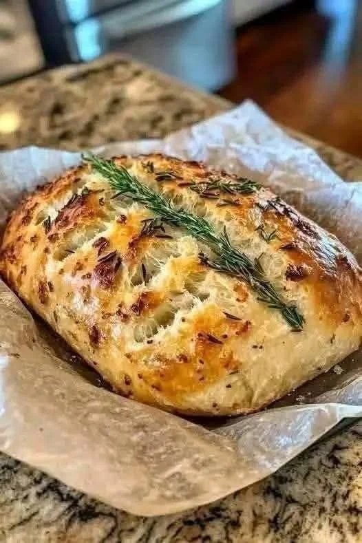 Freshly baked rustic no-knead rosemary garlic bread loaf on a wooden surface.