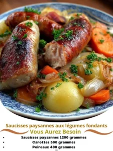 Plate of rustic sausages with melting vegetables served for dinner.