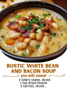 Bowl of rustic white bean and bacon soup garnished with herbs