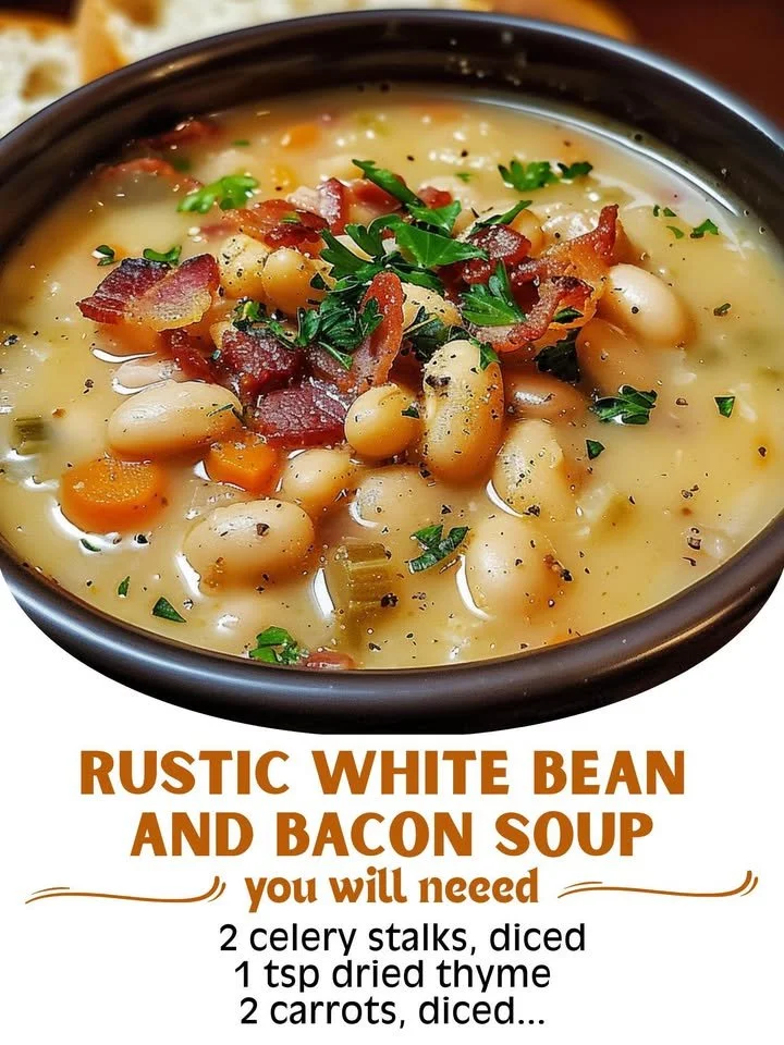 Bowl of rustic white bean and bacon soup garnished with herbs