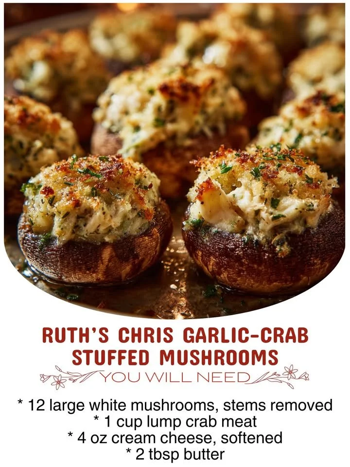 Ruth's Chris garlic-crab stuffed mushrooms on a serving plate